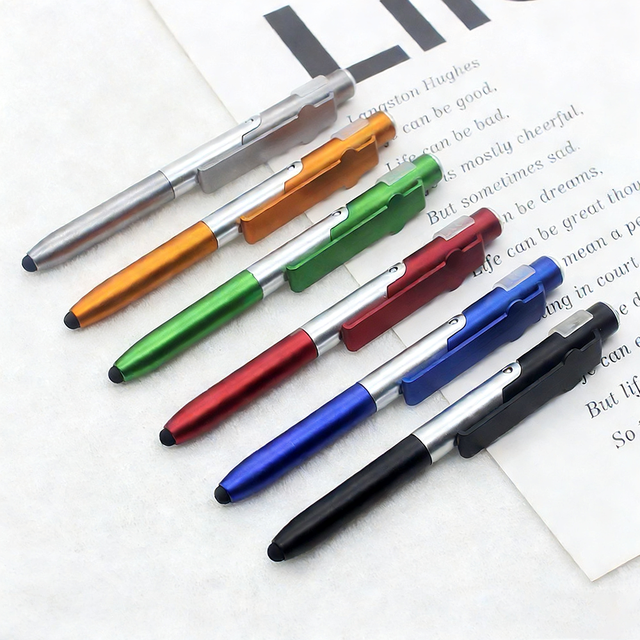 4 in 1 Multifunctional Stylus Pen with Phone Holder & LED Light Plastic Ballpoint Pen Novelty Gadget Gift for Students Office