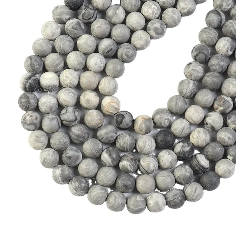 Frosted Grey Map Stone Beads, Gray Picasso Jasper, Silver Lace Agate Loose Gemstone Bead Strand For man Jewelry making