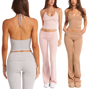 Ensemble de sport 2 pièces 2026 : Crop top yoga solide à col halter et leggings évasés taille haute élastiques – Respirant et séchage rapide pour le fitness et la gym - Product Image 1