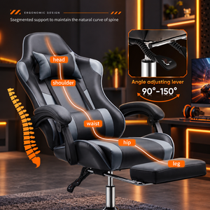 Silla de Juego Ergonómica con Reposapiés, Cuero PU, Reclinable, Soporte Lumbar, Reposacabezas, Reposabrazos Fijos, Refrigeración, Elevación de Gas de 3 Etapas - Product Image 6