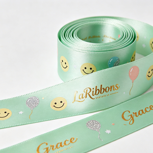 Ruban gros-grain polyester/coton bleu clair 1-1/2 pouce, imprimé texte joyeux en feuille d'or, simple face, résistant au rétrécissement - Product Image 4