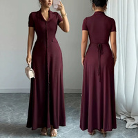 Robe élégante pour femmes européennes et américaines, à col tailleur, taille cintrée, coupe trapèze, manches courtes, simple boutonnage
