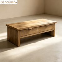 Table basse rectangulaire rustique en chêne avec tiroirs, table de rangement minimaliste en bois massif pour salon résidentiel