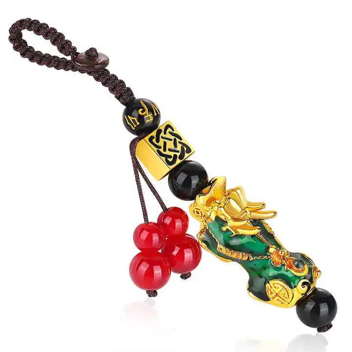 Fashion Wholesale Gold Plated Lucky Nafu Wealth Color Change Black Beads Charm Feng Shui Pi Yao Fengshui Pixiu Keychain For Bag