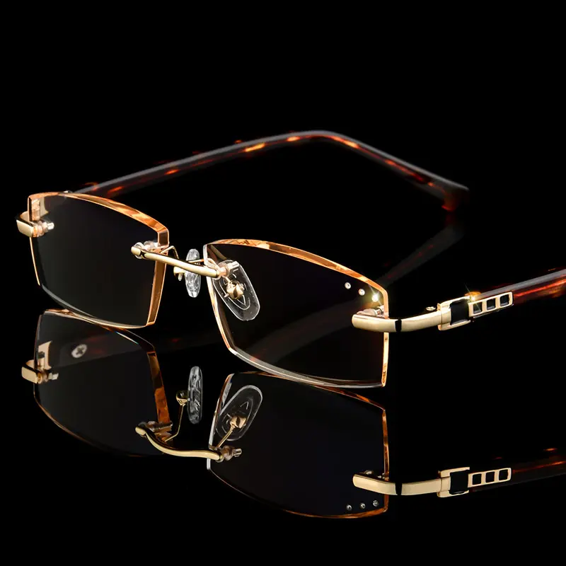 Euromonk韓国デザイナーダイヤモンドカットエッジメガネフレームファッションゴールド眼鏡女性男性フレームレス老眼鏡金属ガラス