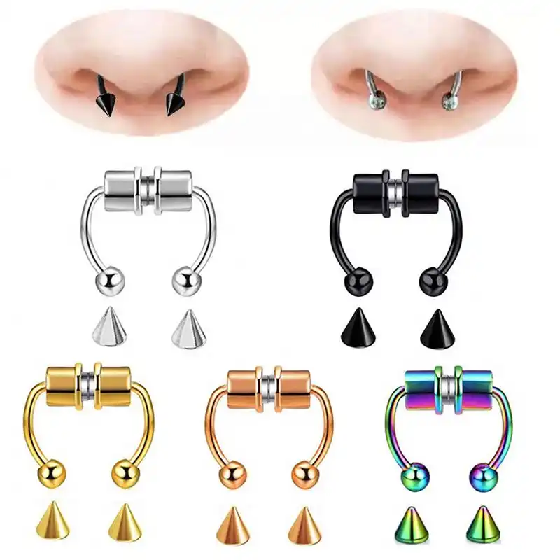 Stainless Steel Magnetic Clip On Hoop Gold Face Faux Septum Fakes Nose Cuff Rings Stud Non Piercing Jewelry Bulk Vendor Earrings