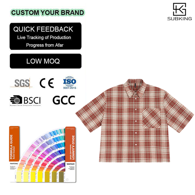 Man's Custom LOGO Embroidery Printed 100% Cotton 140G Boxy Fit Plaid Shirt Fashion Summer Vintage Short-sleeved Button up Shirt