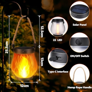 Lanterna Solare Ricaricabile USB con Luce LED, 22 LED Effetto Fiamma, Lampada Impermeabile da Appendere o da Tavolo per Campeggio e Tende - Product Image 3