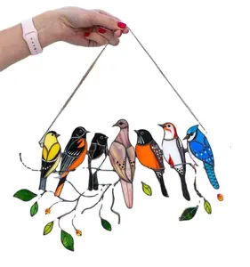 Colored window bird pendant Cartoon Pendant Mini Stained Bird Glass Window Hangings Acrylic Wall Hanging Room Accessories