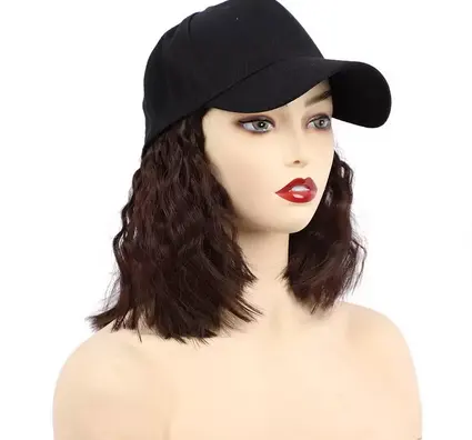 Baseball Hat Hair with Wave Curly Bob Hairstyle Adjustable Wig Hat Attached Short Extensions Synthetic hat wigs