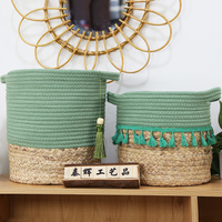 Décoration de maison de style chinois, matériaux naturels, ensemble de 3 paniers en corde de coton, paniers de rangement avec pompons