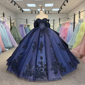 Jancember 6905高級ネイビーブルーオフショルダーQuinceaneraドレスキラキラチュールボールガウン - Product Image 1