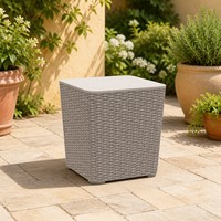 Boîte de rangement extérieure moderne imperméable pour terrasse, en plastique PE résistant, aspect rotin