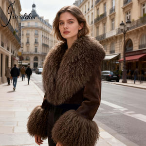 Cappotto da <span class=keywords><strong>Donna</strong></span> Morbido a Maniche Lunghe in Vera Pelle di Pecora con Collo in Pelliccia di Agnello Autunno Inverno con Logo Personalizzato OEM Giacca Corta in Vera Pelle Scamosciata - Product Image 6