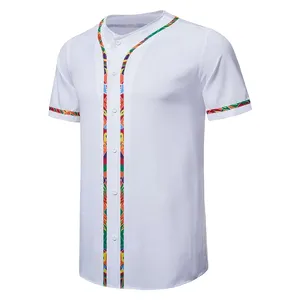 Men's African Print Patchwork Design Baseball Short Sleeve Button Up Shirt = Shirt Casual Fashion Tops