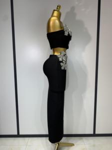 Damen Sexy Trägerloses Blumen-Diamanten Schwarzes Maxi-Langes Bandage Zweiteiler-Set 2025 Gestricktes Elegantes Abend-Club-Party-Ballkleid - Product Image 3