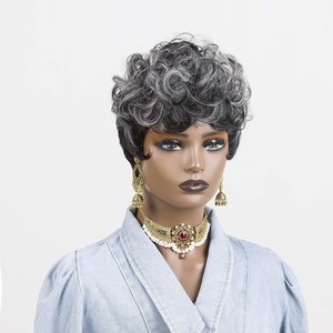 Parrucche capelli umani capelli grigi Pixie taglio naturale nero misto grigio parrucca Pixie con frangia - Product Image 1