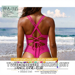 Maillot de bain bikini rose à lacets, string, vêtements de plage pour femmes, ensemble de maillots de bain imprimés en stock - Product Image 2