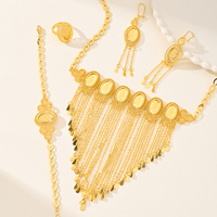 Parure de bijoux plaqués or de Dubaï pour femme, style filigrane arabe, collier, bracelet, boucles d'oreilles et bague à pampilles rectangulaires, bijoux de mariée