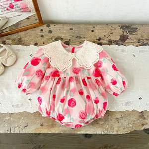 Mono de Algodón Puro con Estampado Floral y Cuello de Encaje para Bebés Niñas, Primavera-Otoño 2026, Estilo Informal y Holgado - Product Image 3