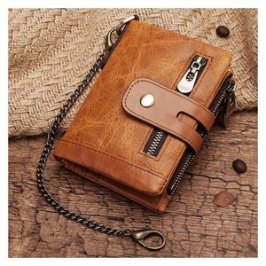 Wholesale Custom Luxury Genuine Leather Small Double Zipper <b>Wallet</b> Slim Minimalist <b>Rfid</b> Blocking <b>Men</b> <b>Wallet</b> With Metal Chain - Product Image 3