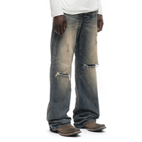 Jeans en denim ample à jambe large pour homme, style japonais, délavé, vieilli, déchiré, ourlet effiloché, design de patch