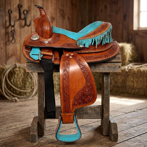 Selle de cheval Western en cuir véritable à franges turquoise, durable et portable, équipement d'équitation, couleur personnalisable - Product Image 2