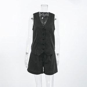 Damen Sommer <span class=keywords><strong>Casual</strong></span> Locker Gestreiftes V-Ausschnitt Ärmelloses Knopfleisten-Top und Shorts Zweiteiliges Set - Product Image 5