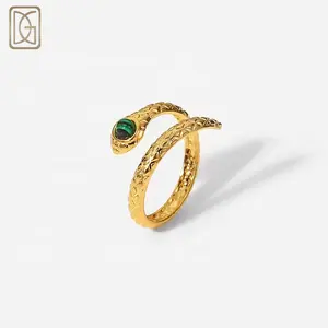 Fashion Stainless Steel Women Jewelry Colorful Malachite Natural Stone Gemstone 18K Gold Snake Adjustable Open Rings