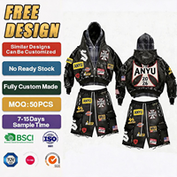 Ensemble de survêtements personnalisés OEM à faible MOQ, style streetwear, avec appliques en strass et broderies, en coton délavé, imprimé, comprenant un sweat à capuche court et oversize pour homme