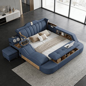 Lit de <span class=keywords><strong>massage</strong></span> électrique intelligent en cuir rembourré, style européen, taille Queen/King, luxe moderne, inclinable, réglable en bois - Product Image 3
