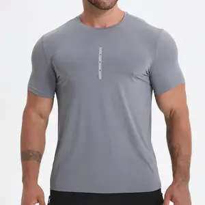 Camiseta masculina de tecido liso de alta elasticidade fitness, camiseta de tecido liso de alta elasticidade fitness