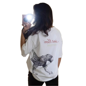 Women's White Leopard Print T-Shirt Crew Neck Three Quarter Sleeve Loose Fit Casual <b>Animal</b> <b>Pattern</b> 100% Cotton Jersey Fabric - Product Image 1