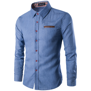 Autunno primavera <span class=keywords><strong>camicia</strong></span> Casual in Denim a maniche lunghe da <span class=keywords><strong>uomo</strong></span> <span class=keywords><strong>di</strong></span> moda taglie forti in cotone con tasca in <span class=keywords><strong>pelle</strong></span> abbinata a abbigliamento Casual - Product Image 2