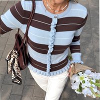 Pull en maille transfrontalier européen et américain à rayures et bords volantés, boutonné, coupe ajustée, élégant et polyvalent