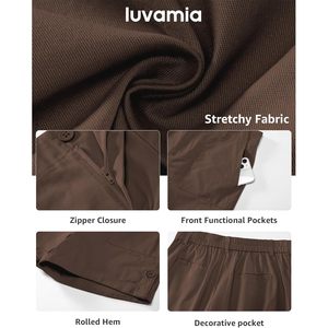 2025 pantalones cortos de verano cómodos con cintura elástica para mujer, pantalones cortos informales elegantes de cintura alta con dobladillo enrollado, bolsillo de sarga, patrón elástico caliente - Product Image 4