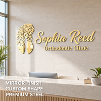 Lettres de logo personnalisées en acier inoxydable miroir doré, non éclairées, pour panneau mural de réception de clinique dentaire et orthodontique