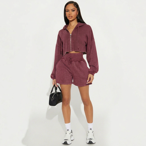 Crop <b>Top</b> Hoodie <b>Short</b> Jogger <b>Set</b> Women Clothing Blank Hoodie <b>and</b> <b>Shorts</b> <b>Set</b> Custom Female Casual <b>Set</b> - Product Image 1