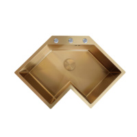 Évier de cuisine en acier inoxydable 304 en forme de L, finition or luxe léger, fabriqué à la main avec système de drainage.