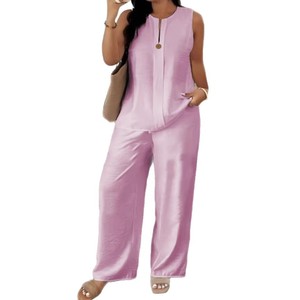 Ensemble décontracté en coton et lin pour femmes, haut sans manches, pantalon large, couleur unie, tailles SMLXL2XL3XL, style Europe et Amérique - Product Image 5