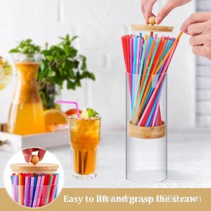 Wooden Straw Holder With <b>Bamboo</b> Lid Glass <b>Container</b> For Drink Straws Storage Desktop Organizer 1 Layer Multi Purpose - Product Image 2