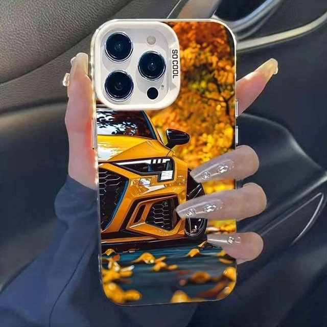 Sports Car-Themed Feather Yarn Shockproof Phone Case for 15/14/13 European American 16 Pro Max Electroplating