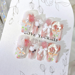 Uñas Postizas de Lujo al por Mayor, de ABS, con Diseño de Mariposa, Forma Ataúd Mediana, Bailarina, Hechas a Mano, Rosas, para Decoración de Bodas - Product Image 5