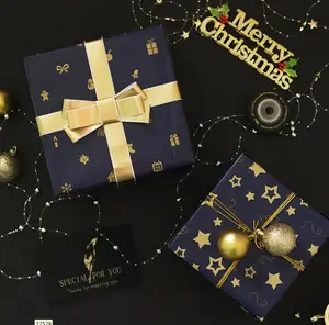 Fabrieks Direct Glanzend Koperen Papier Geschenkpapier Metaal Paarsachtig Blauw Gedrukt Goud Kerstcadeaupapier