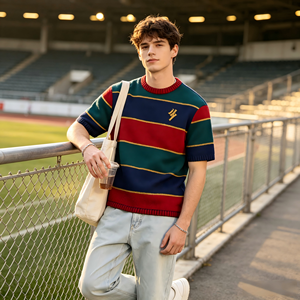 Retro Contrast Striped Cotton Knit Heavyweight Thick <b>Pullover</b> <b>Men</b> Crew Neck Short Sleeve Custom Embroidery Front Wholesale Team - Product Image 3