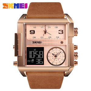 Montre électronique <span class=keywords><strong>SKMEI</strong></span> <span class=keywords><strong>1391</strong></span> pour homme, cadran carré grand format, bracelet en cuir véritable, résistante à l'eau 3BAR, plusieurs fuseaux horaires - Product Image 3