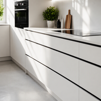 Meuble de cuisine en contreplaqué hydrofuge E0, façades sans poignées, tiroirs à fermeture amortie, tour de four encastré, blanc