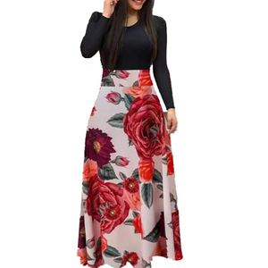 Robe longue élégante pour femmes, style bohème décontracté, imprimé floral tissé, taille haute, longueur cheville, lavable - Product Image 1