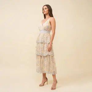 Vestido feminino Empire cintura V espaguete deslizante sem costas renda lindo vestido floral em camadas vestidos casuais