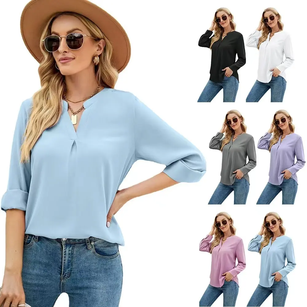 Conyson New Arrivals Oem Custom Lady Fashion Spring Summer Long Sleeve V Neck Solid Women Oversize Ladies Tops Blouses Clothes